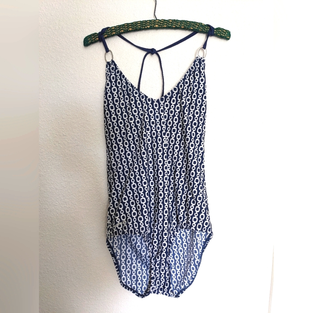 Speedo one piece swim suit, blue and white metal ring halter top, size 16